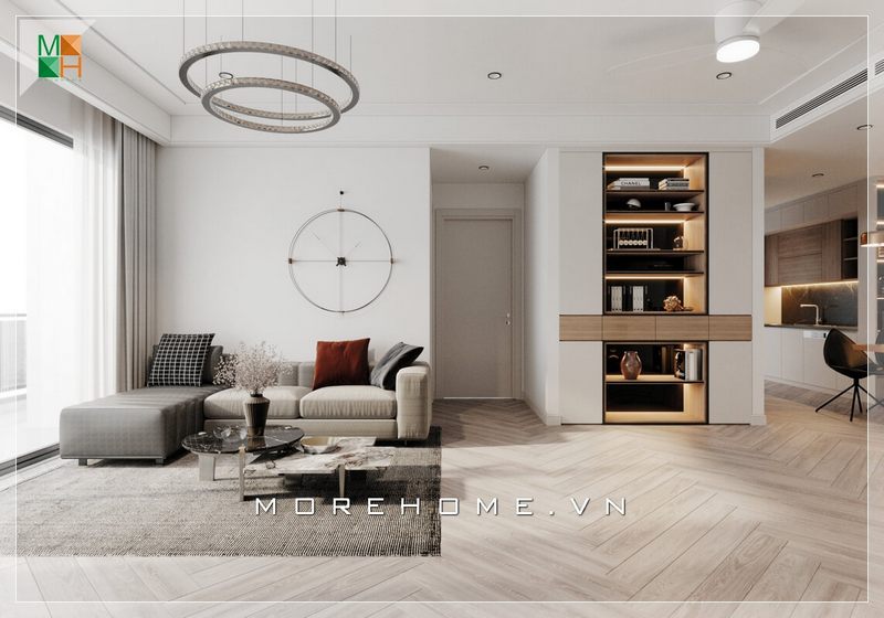 Phòng khách chung cư được thiết kế với các không gian sinh hoạt chung, bố trí nội thất nhỏ gọn để tối ưu không gian và tạo ra một cảm giác thoải mái, rộng rãi cho ngôi nhà.